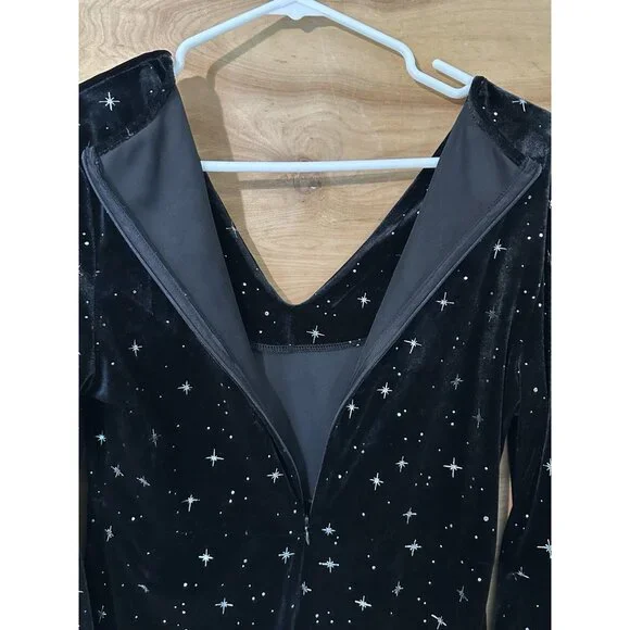 Cider Velvet V Neck Flare Bell Sleeve Sun Moon Celestial Dress Black SZ L - Picture 6 of 9